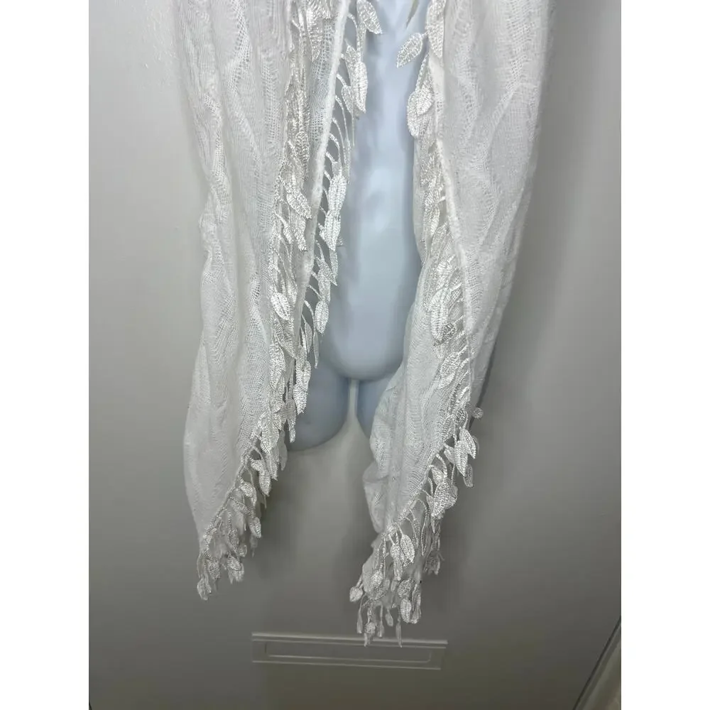 Gathered White Semi-Sheer Leaf Fringe Scarf Shawl Wrap ~ 75